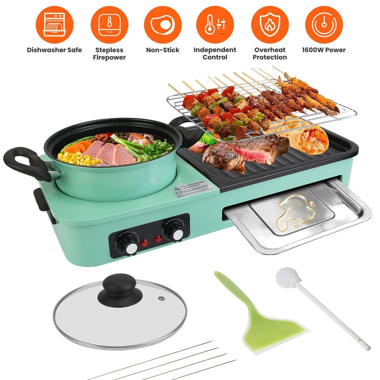 Edge Collections - 7.08" - Green - Multifunctional Electric Hot Pot and Grill for Gatherings - 1 Piece